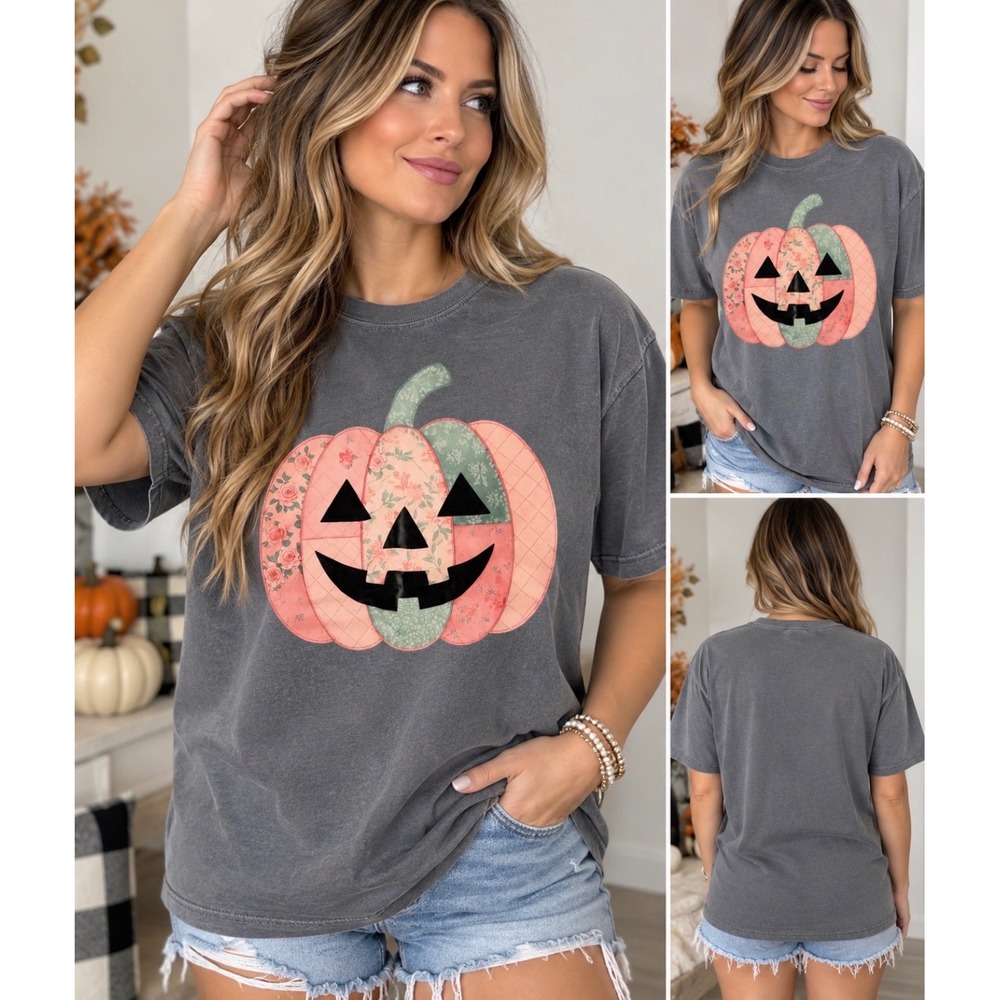 Comfort Colors Medium Halloween Pumpkin Graphic Tee Floral Patchwork Gray
